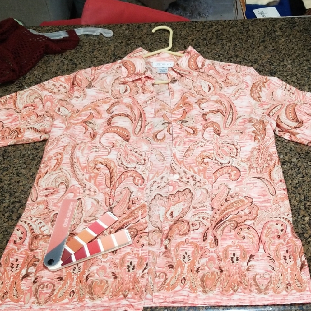 Dark autumn Jones NY orange brown paisley blouse